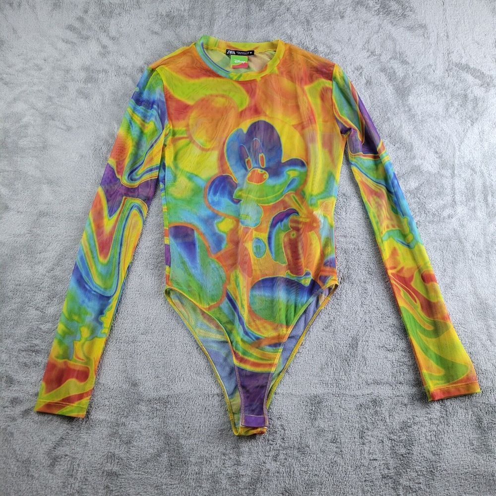 Zara Disney Bodysuit Womens‎ Medium Multicolor Rainbow Tulle Sheer Mickey Mouse